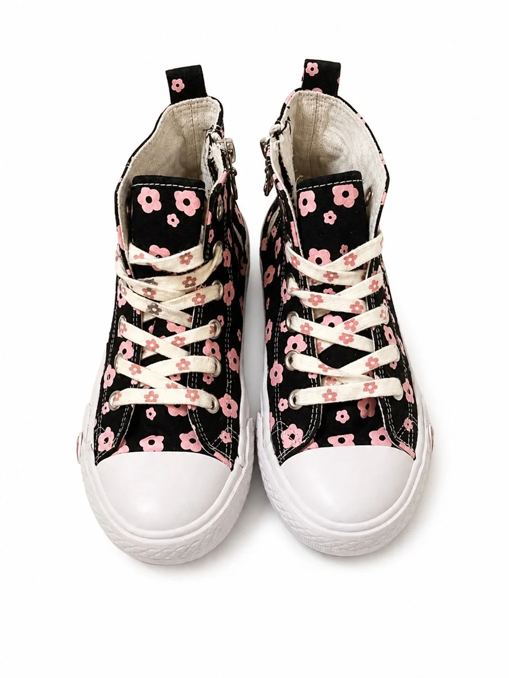 Black High-Top Sneakers with Pink Floral Print - Picture 1 of 2